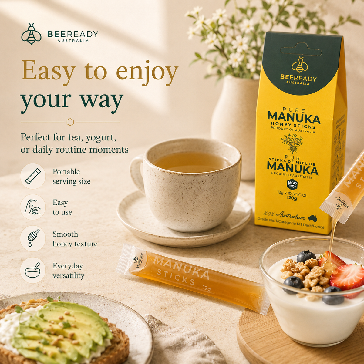 Premium Australian Manuka Honey Sticks MGO 300+ (Value Bundle: 3 Packs, 30 Sticks)